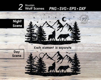 Paisaje con lobo, bosque, árbol, montaña y luna SVG / Escena de bosque con animales / Archivo de corte de bosque / Silueta de pino invernal al aire libre / Lobo aullando