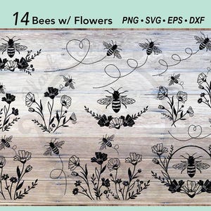 14 Bee Bundle Flower SVG | Wildflower Floral Wreath Border | Bumble Bee Botanical Flower Frame | Flower Bouquet Clipart |Honey Bee Cut file