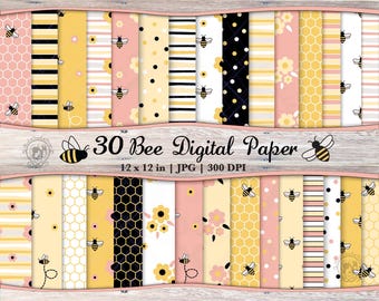 30 Rose Gold Pink Bee Digital Paper JPG Bundle | Bumble Bee Printable Seamless Pattern | Honeycomb Flower Scrapbook Paper (Digital Download)