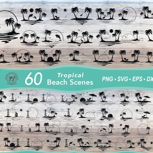 60 Tropische Strandszene SVG Bundle | Ozean Delfin Szene | Sonnenuntergang Palme Silhouette | Flamingo Landschaft | Pelikan Vögel | Strandkorb