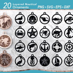 20 Küsten Ornamente SVG Bundle | Nautische Meerestiere Ornament | Layered Ocean Laser Cut Dateien | Baum Sommer Dekoration DIY Handwerk
