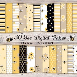 Könnte beinhalten: Eine Sammlung von 30 digitalen Papieren zum Thema Bienen, jeweils 30,48 cm x 30,48 cm. Die Designs zeigen Bienenwaben, Bienen, Blumen und Streifen in Gelb, Schwarz und Beige. Geeignet für Bastelprojekte.