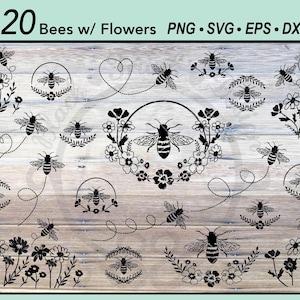 20 Blumen Bienen SVG Bündel | Bienen Grafik Wildblumen Blumenkranz | Hummel-botanischer Blumen-Rahmen | Honey Bee Schnittdatei Bienenspur | Insekt