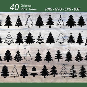 40枚のクリスマスツリーのシルエットSVGバンドル | デコレーションされたクリスマスツリーのSVG | クリスマスの松の木のカットファイル | 森の森の木の風景シーン