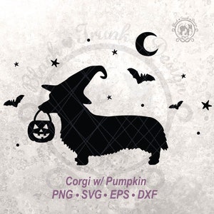 Pompoen Halloween hond SVG Corgi Spooky Witchy shirt afbeelding | Schattig herfstseizoen hond heks silhouet gesneden bestand | Halve maan en vleermuis nachtelijke hemel