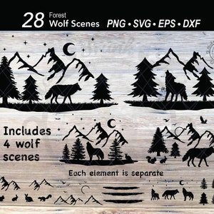 28 wolfsbosscène en element-SVG's | Aanpasbare dierenscène in de wildernis | Winter dennenboom landschap gesneden bestand | Dierlijke bos silhouet