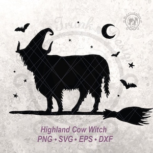 Halloween Highland Cow SVG Upiorny Witchy Farm Animal Shirt Grafika wektorowa | Uroczy jesienny sezon Krowa na miotle Sylwetka | Półksiężyc Niebo Nietoperz