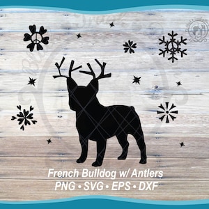 Weihnachten Französische Bulldogge SVG Schneeflocke Szene | Geweih Hund Winter Shirt Vektor | Weihnachts Peace-Zeichen Groovy Dog | Winter-Haustier-Silhouette
