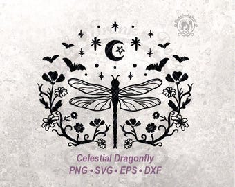Celestial Dragonfly SVG Clipart | Gothic Floral Halloween Shirt Graphic | Witchy Wildflower Botanical Flower Frame (Digital Download)
