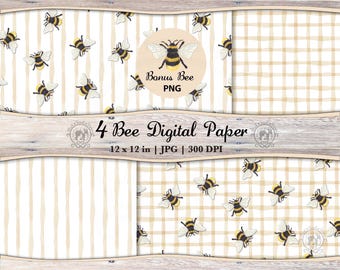 4 Bee Seamless Pattern JPG Bundle | Neutral Tan Beige Watercolor Stripe & Plaid (Digital Download)