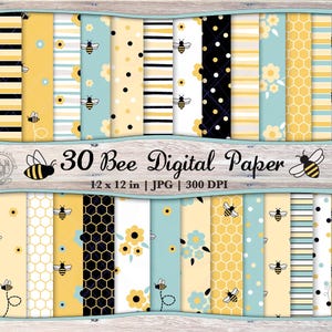 Lot de 30 papiers numériques Aqua Seamless Bee JPG | Motif abeille | Papier de scrapbooking imprimable Bumble Bee | Fond de fleurs répétées en nid d'abeille