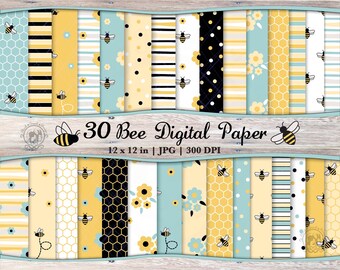 Paquete de 30 papeles digitales JPG con diseño de abejas sin costuras en color aguamarina, patrón de abejas, papel imprimible para álbum de recortes con abejorros, fondo de flores repetidas con panal.