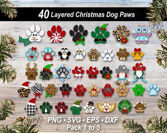40 Christmas Dog Paw Print SVG Bundle | DIY Layered Animal Winter Pet Cut Files | Holiday Season Clipart Graphics (Digital Download)
