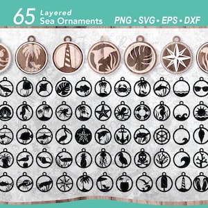 65 Meer Ornament SVG Schnittdateien Layered Laser | Ozean Tier Meer Dekoration Weihnachtsbaumschmuck | Tropisches Strand-Sommerleben-Dekor