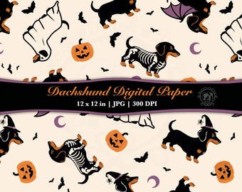 Halloween Dog Seamless Pattern JPG | Skeleton Dachshund Printable Scrapbook Paper | Wiener Dog Witch, Ghost, Bat Background Digital Download