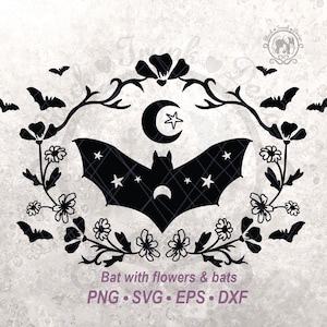 Witchy Bat Halloween SVG Scena Sylwetka | Niebiański Półksiężyc i Gwiazda | Straszny Jesienny Sezon Wektorowa Koszulka Grafika | Etykieta Mistycznego Mikstury
