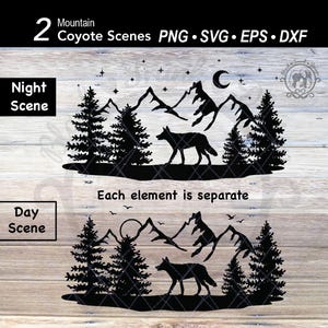 Coyote Bergszene SVG | Tier Wald Winter Landschaft Laser Cut Datei | Kundengerechte Herbst-Waldkiefernbaum-Silhouette mit Halbmond