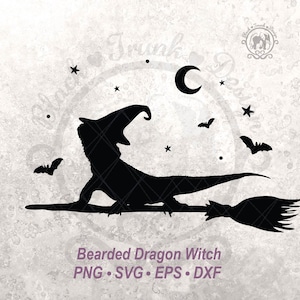 Halloween baardagaam SVG griezelige reptiel heks op bezem shirt grafisch silhouet | Schattig herfstseizoen hagedis gesneden bestand digitaal stickerontwerp