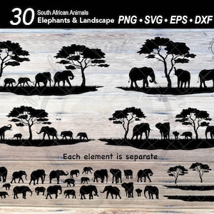 30 pacchetti SVG di sagome di elefanti / Scena di paesaggio di famiglia di elefanti africani / Clipart di animali selvatici dello zoo / File grafico di maglietta per amanti degli elefanti