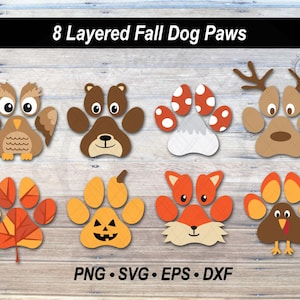 8 animaux de la forêt d'automne, impression de patte de chien, ensemble de graphiques vectoriels SVG | Dessin animé mignon forêt créature animal de compagnie bandana bricolage couches Clipart coupe fichier