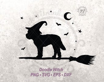 Labradoodle SVG Spooky Halloween Witchy Doodle Shirt Graphic | Cute Fall Season Dog Witch On Broom Silhouette File | Crescent Moon & Bat Sky