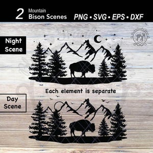 May include: Black and white mountain scene designs featuring bison, trees, mountains, and a night and day scene. The text includes "Mountain Bison Scenes" and "Each element is separate."