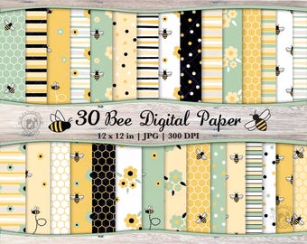 30 Seamless Bee Digital Paper JPG Bundle | Honey Bee Pattern | Bumble Bee Printable Scrapbook Paper | Honeycomb Bee and Flower Background