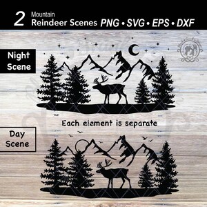 Illustration vectorielle de renne hiver pin SVG | Woods wapitis forêt paysage w lune coupe fichier | Silhouette de scène des bois des animaux de la montagne