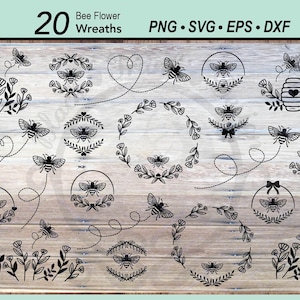 SVG-bundel met 20 bijen | Botanische bloemenlijst honingbij | Schattig Bumble Bee grafisch gesneden bestand | Wildflower rand bloemenkrans digitale clipart