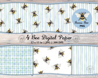 4 Bee Seamless Pattern JPG Bundle | Blue Green Watercolor Stripe & Plaid (Digital Download)