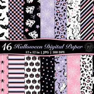 Puede incluir: Una colección de 16 papeles digitales de Halloween con varios diseños. Los diseños incluyen murciélagos, fantasmas, arañas, calabazas y estampado de leopardo en negro, rosa y morado. Los papeles miden 30,48 x 30,48 cm.