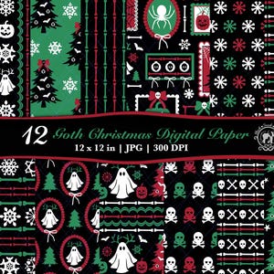 May include: A collection of 12 Goth Christmas digital papers. The designs feature a variety of patterns with skulls, ghosts, bats, snowflakes, and Christmas trees in black, red, green, and white. The text "12 Goth Christmas Digital Paper" is displayed.