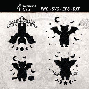 Lot de 4 chats gargouilles SVG | du vecteur Halloween Shirt | Fichier de coupe de Silhouette de chat noir fantasmagorique | Croissant de lune et ciel de chauve-souris