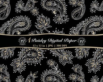Paisley Seamless Halloween Pattern JPG Bundle | Repeatable Gothic Background Printable Scrapbook Paper: Black White Tan (Digital Download)