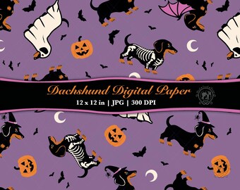 Halloween Dog Seamless Pattern JPG | Wiener Dog in Costumes | Skeleton Dachshund Printable Scrapbook Paper | (Digital Download)