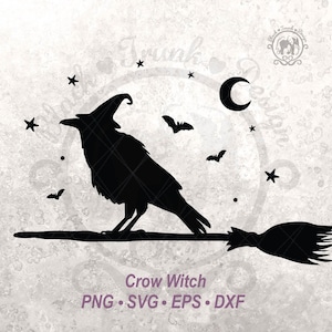 Camiseta de Halloween com estampa de corvo e bruxa assustadora em SVG | Arquivo de corte de silhueta de pássaro fofo na vassoura para o outono | Lua crescente, estrelas e céu de morcego