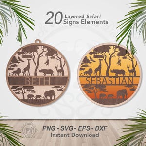 Paquete de letreros con nombre de animal de safari en formato SVG/Letrero de puerta con temática de animales personalizable para decoración del hogar DIY/Archivo de arte de pared para habitación infantil cortado con láser en capas