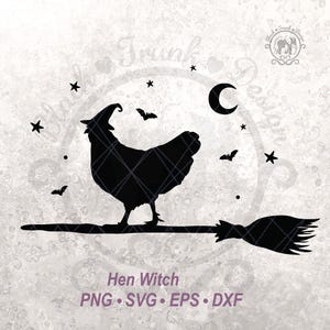 Halloween kip SVG Spooky Witchy kip shirt vectorafbeelding | Schattig herfstseizoen boerderijdier op bezem silhouet | Halve maan en vleermuishemel