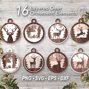 Lot de 16 décorations de sapin de Noël au format SVG | Décor à la maison mignon de scène de forêt d'ornement de cerf | Fichier découpé au laser en bois bricolage en couches pour animaux des fêtes