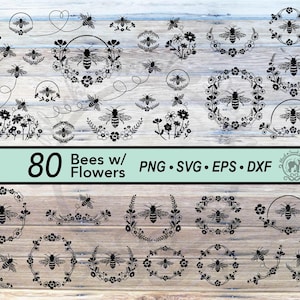 Pacote 80 Flower Bee SVG | Coroa de flores silvestres com gráfico de abelha | Arquivo de corte de silhueta de moldura de flor botânica de inseto | Trilha de abelhas
