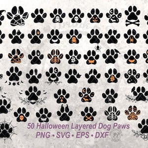 May include: A collection of 50 Halloween-themed layered dog paw prints in black and orange. Designs include witch hats, spiderwebs, skulls, bats, and other spooky elements. Text reads "50 Halloween Layered Dog Paws PNG SVG EPS DXF".