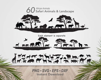 60 Afrika Safari Silhouette Tier SVG Bundle | Afrika-Szene | Safari-Landschaft | Safari-Wand-Dekor | Baby Elefant | Löwe | Giraffe | Nashorn