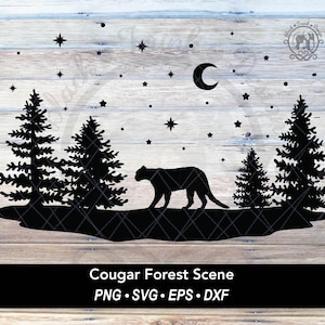 Scena di foresta di puma in formato SVG / Scena invernale nel bosco di un leone di montagna Clipart / Silhouette di paesaggio di pino natalizio innevato con file di taglio