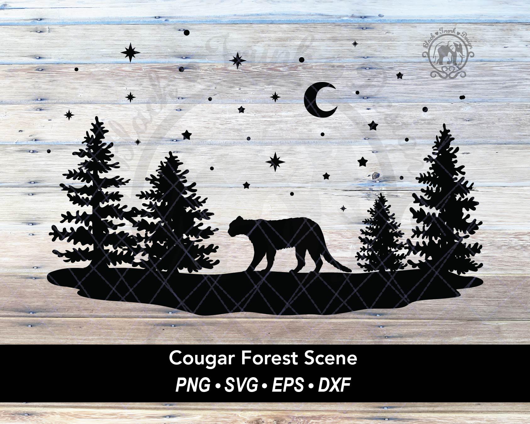 Cougar Forest Scene SVG | Mountain Lion Winter Woodland Scene Clipart | Animal Snowy Christmas Pine Tree Landscape Silhouette Cut File