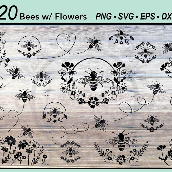 20 Flower Bee SVG bundle | Bee Graphic Wildflowers Floral Wreath | Bumble Bee Botanical Flower Frame | Honey Bee Cut file Bee Trail Insect