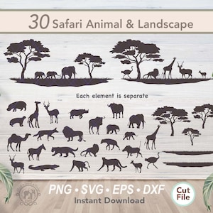 30 Safari Animals SVG Bundle / Zoo Wild Animal Silhouette Digital Clipart / Sud Africa Safari Alberi Erba Paesaggio Scena File Tagliato