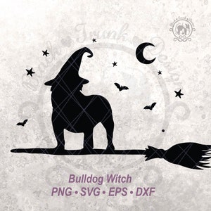 Hond Halloween SVG Bulldog Spooky Witchy shirt grafisch silhouet | Schattig herfstseizoen hond heks op bezem gesneden bestand | Halve maan en vleermuishemel