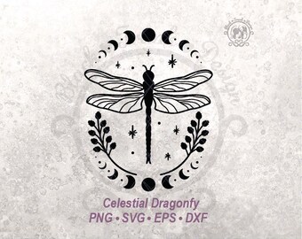Celestial Moon Dragonfly SVG Clipart | Gothic Floral Halloween Shirt Graphic | Witchy Wildflower Botanical Flower Frame (Digital Download)