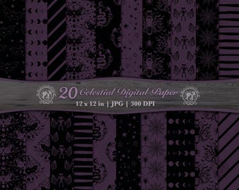 20 Celestial Seamless Halloween Pattern JPG Bundle | Repeatable Gothic Background Printable Scrapbook Digital Paper: Black Purple