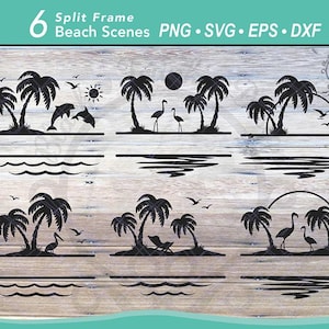 6 Tropische Strandszene Split Frame SVG Bundle Schnittdatei | Familienname Monogramm Rahmen | Sonnenuntergang Palme Silhouette | Bordüre Meereswellen